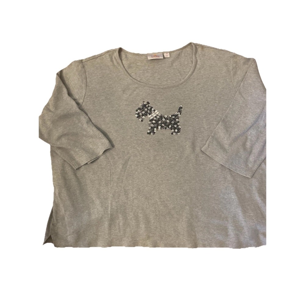 Quacker Factory Shirt 3/4 Gray SZ 3XL‎ Sleeve Top Beaded Scottie Dog Rhinestones